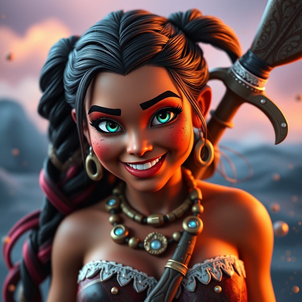 Moana as Harley Quinn in Vibrant Fantasy World