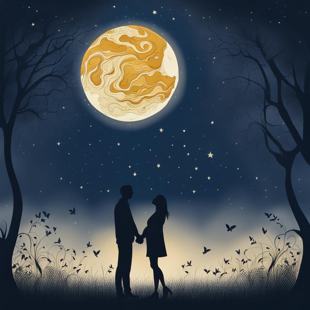 Pregnant Couple Holding Hands Under the Moon