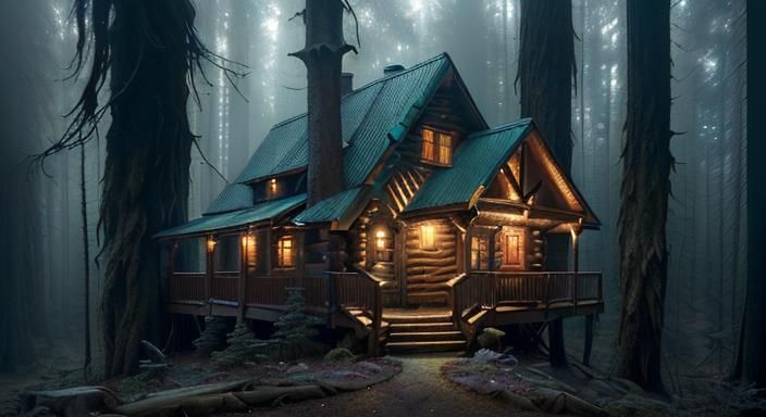Cozy Cabin in Magical Woods, Hyperrealistic 8K