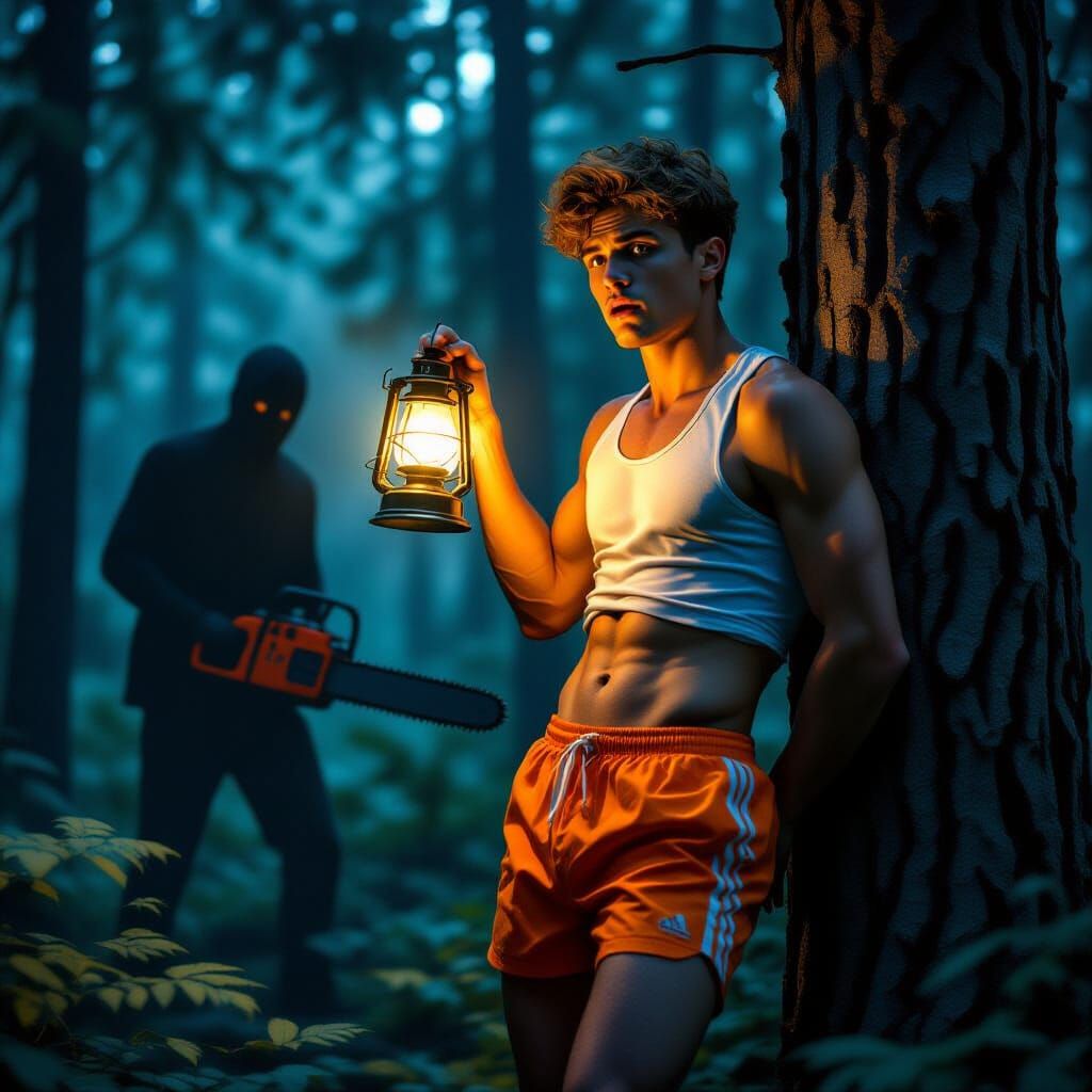 Man Lost in Dark Forest With Chainsaw