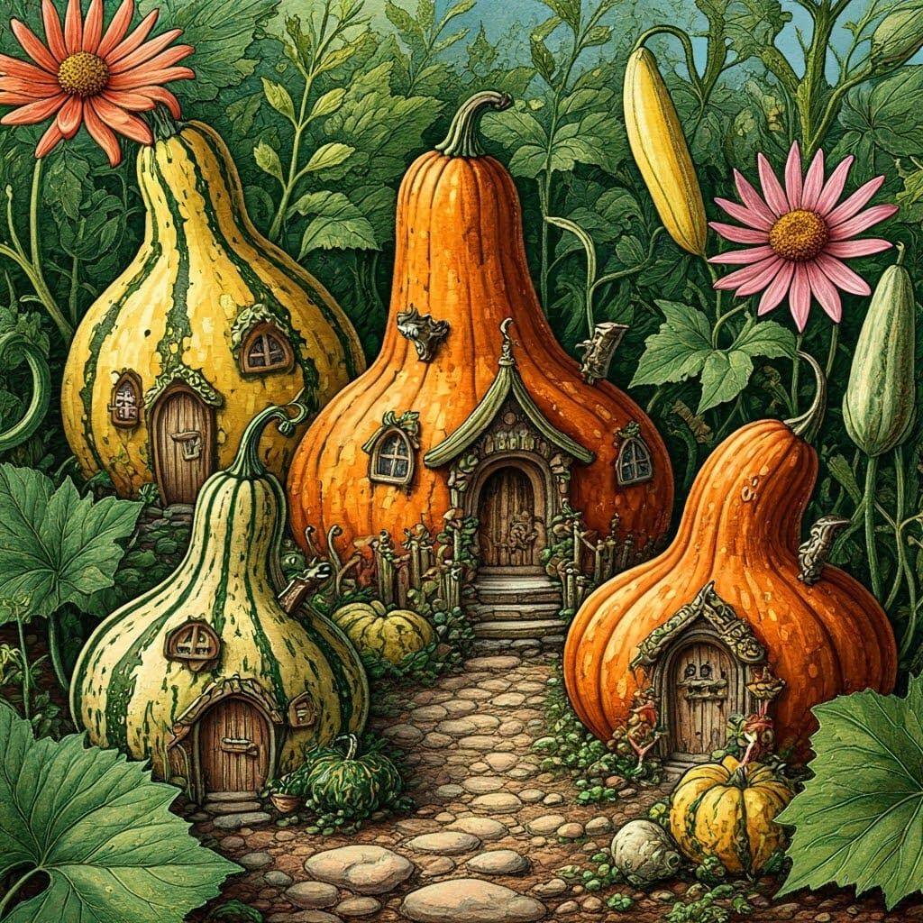 Pixie Village in Gourd Homes, Watercolor Illustration