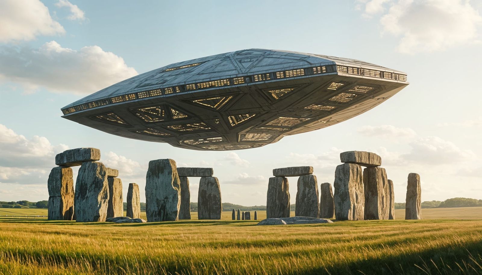 Starship Lands at Stonehenge on Sunny Day