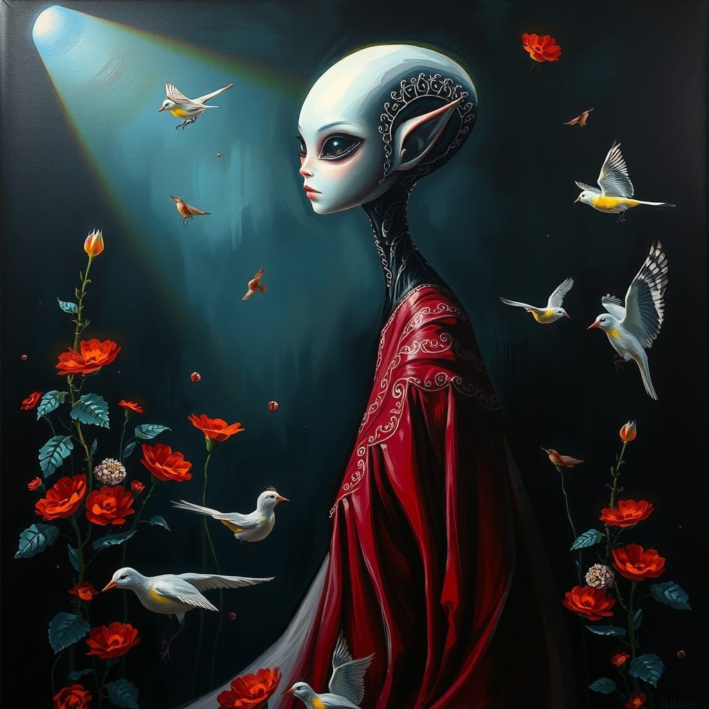 Alien Lady in Crimson Dress, Grunge Style