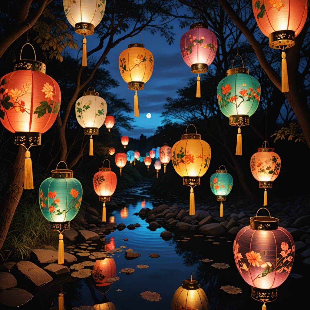 Fantasy Lanterns Drifting on Shimmering River