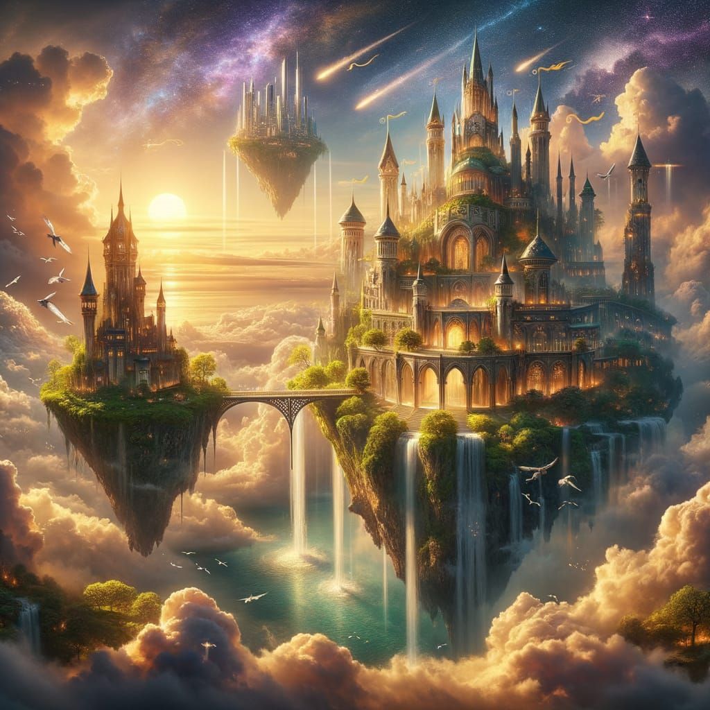 Fantasy Floating Islands with Castle and Cityscape