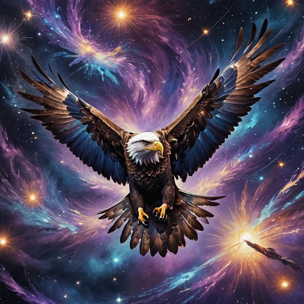 Eagle Soaring Through Iridescent Galaxy, as Digital Painting