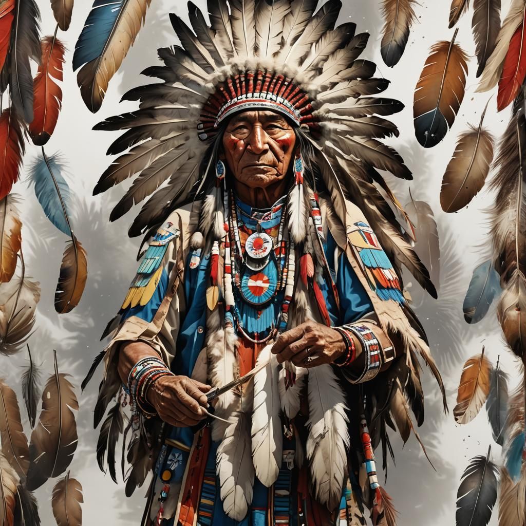 Generate an image of an American Indian Chief Full Indian Ceremonial regalia painted on a feather. Isolated on a white b...