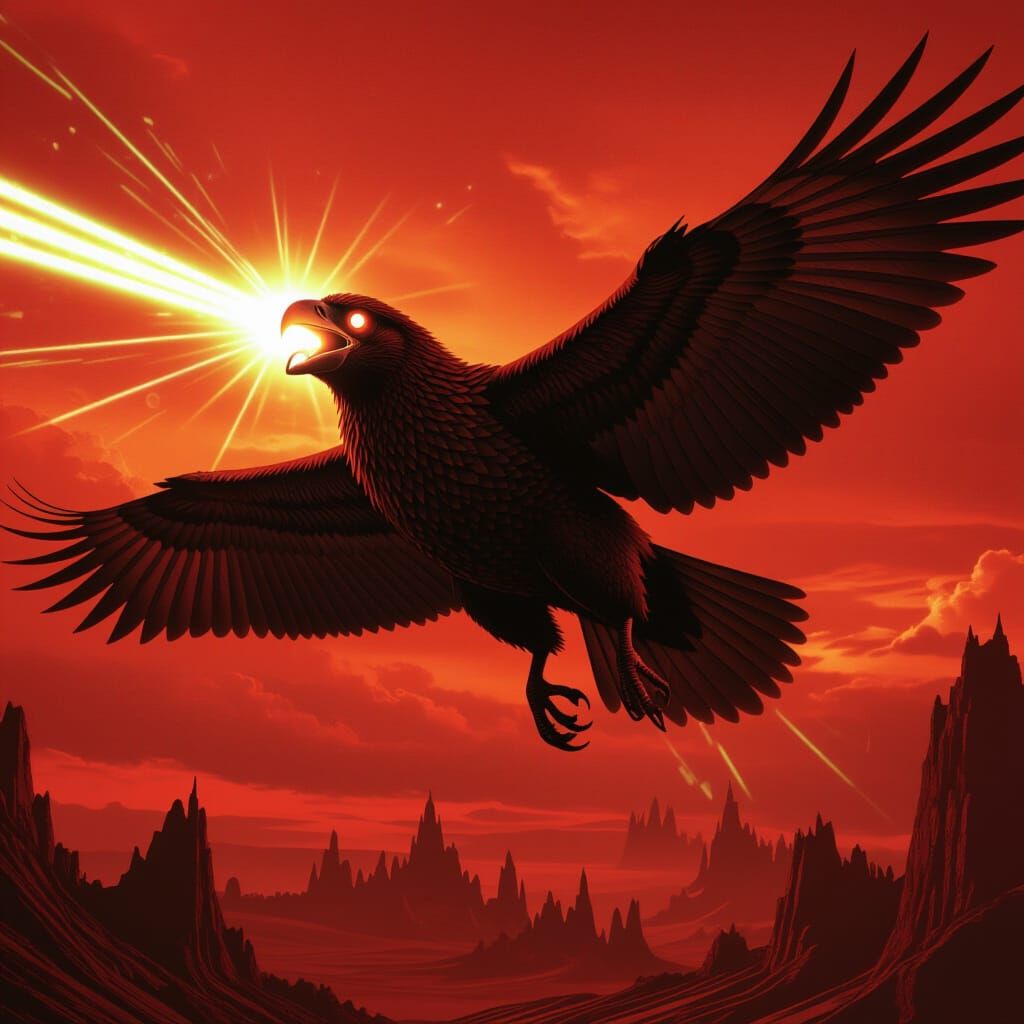Giant Laser Bird Patrolling Hellish Skies as Film Still