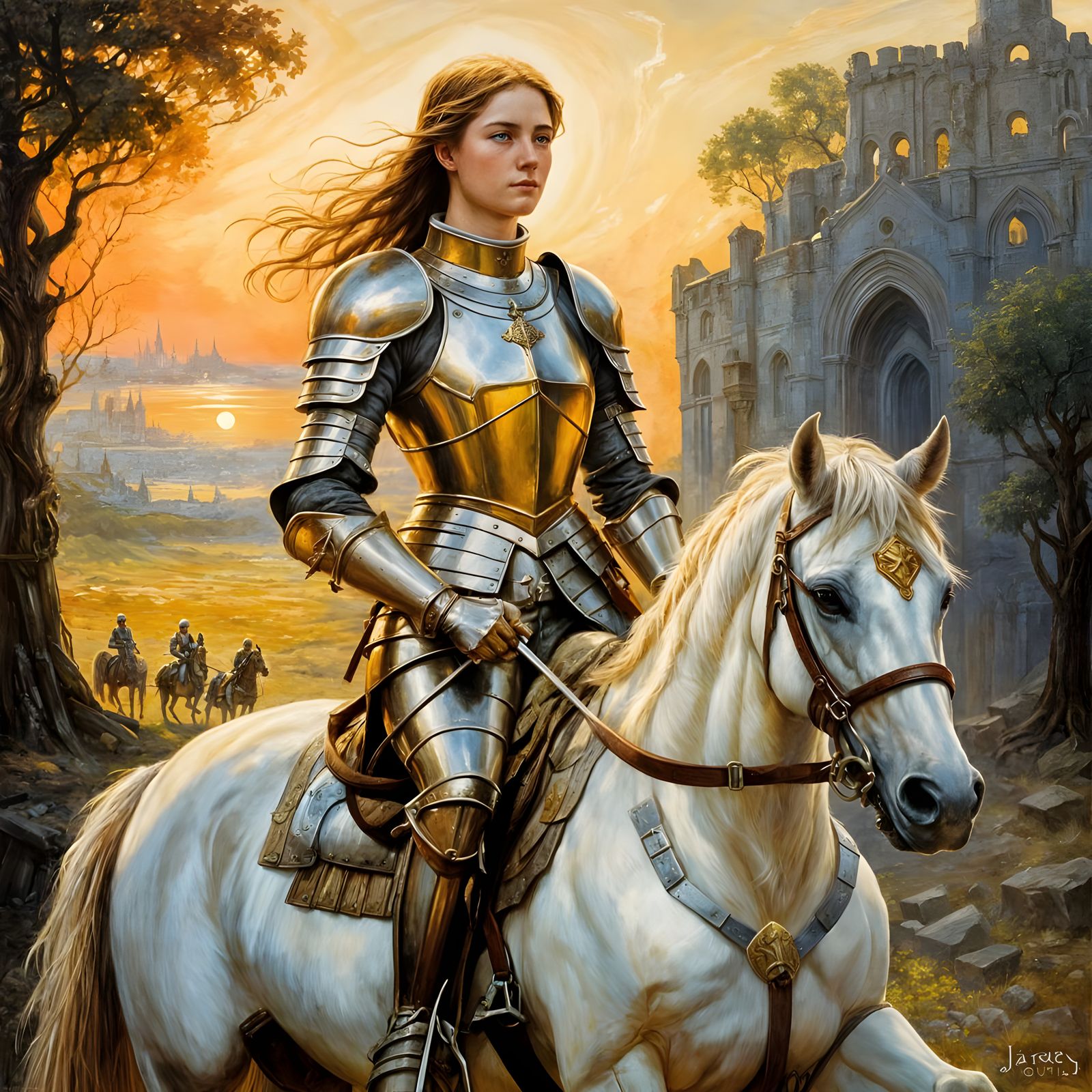 Medieval Warrior Maiden on Horseback in Oil Painting Style