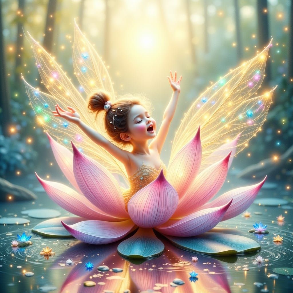 Fairy Wakes in Lotus Flower with Morning Light