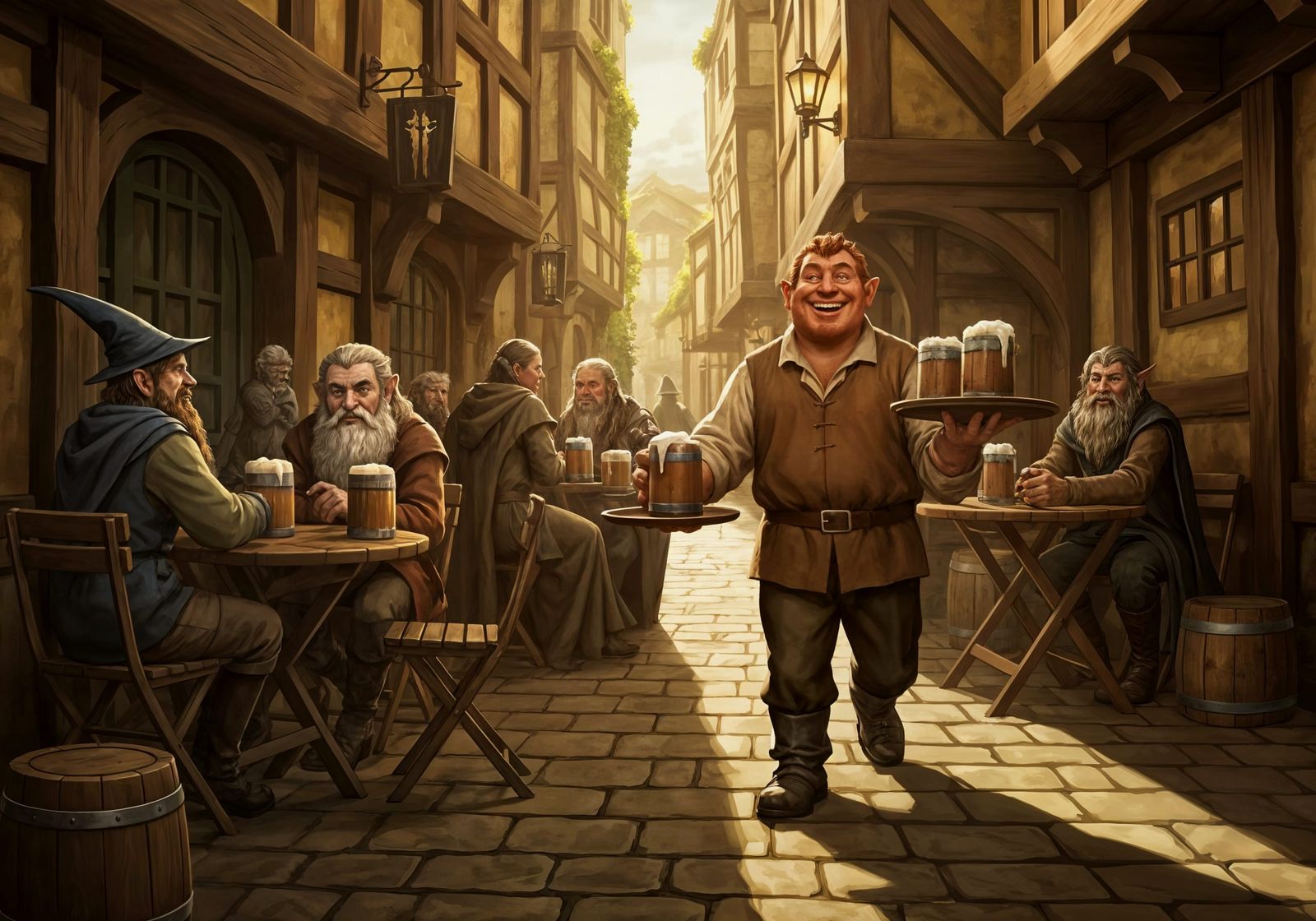 Hobbiton Tavern Alley: Fantasy Characters Enjoying Pints