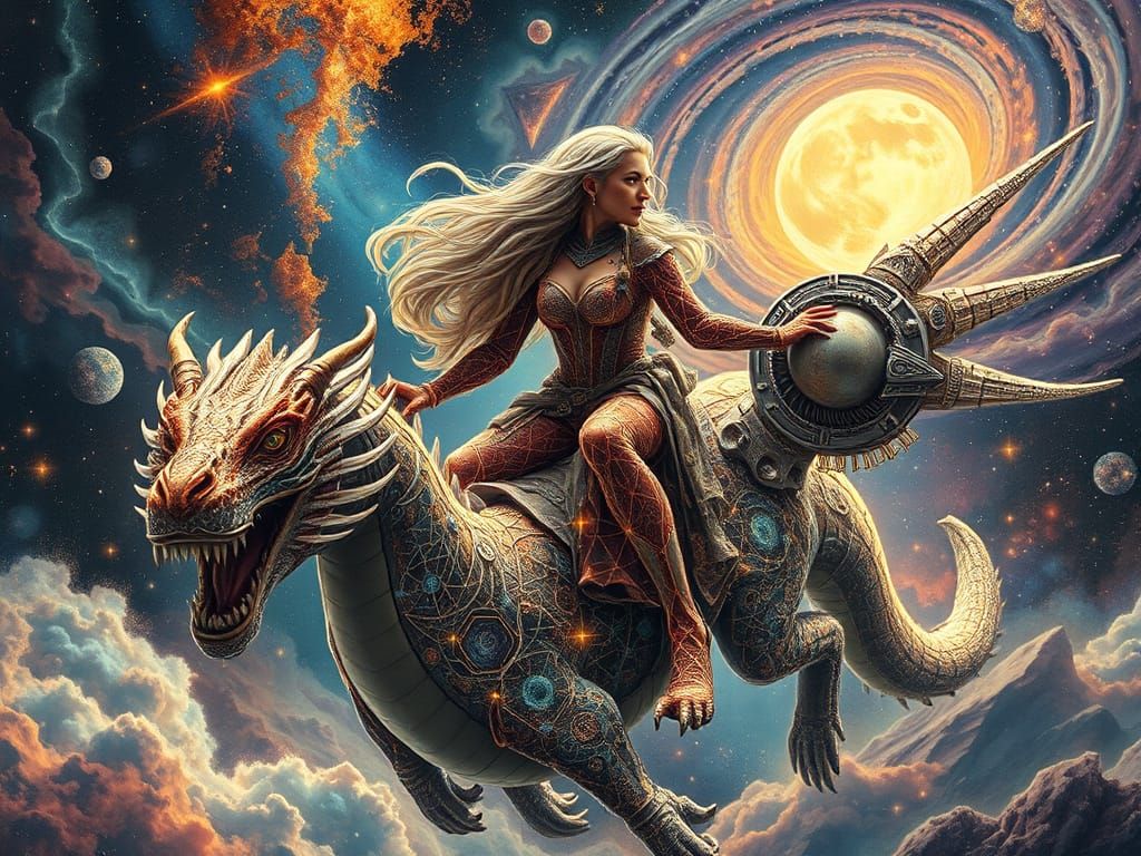 Cosmic Woman Traveller Rides Space Dragon in Celestial Lands...