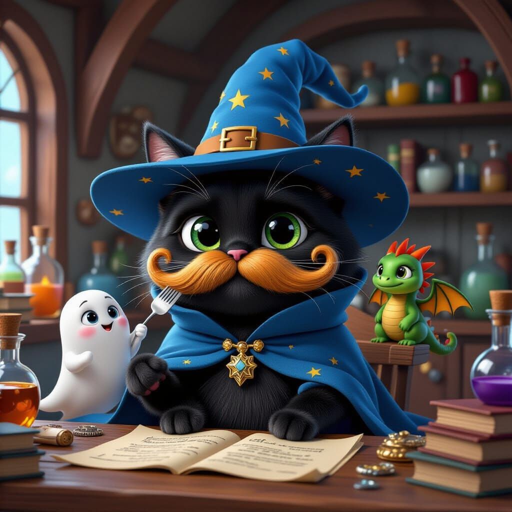 Black Cat Wizard in Pixar-Inspired Magical Study