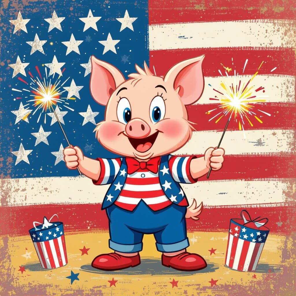 Porky Pig Celebrates July 4th with Fireworks