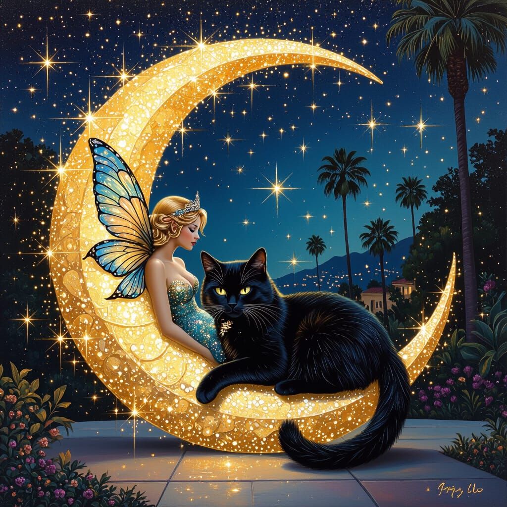 Golden Fairy Cradles Black Cat in Beverly Hills