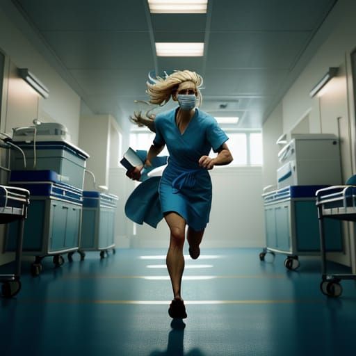 Cinematic Escape: Woman Flees Hospital in Dramatic Film Stil...