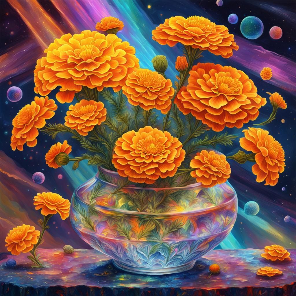 Marigolds in Crystal Vase: Cosmic Holographic Illustration