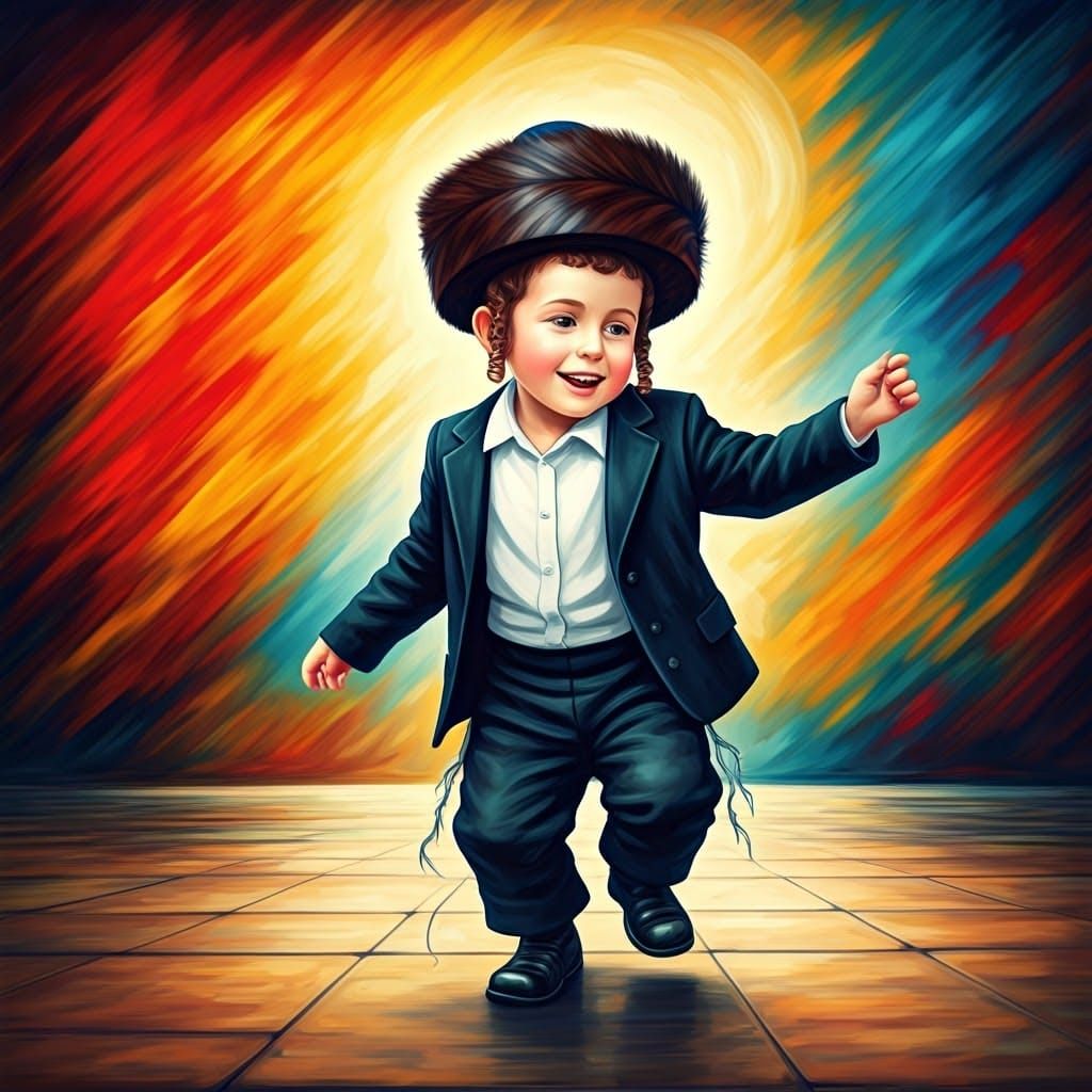 Joyful Hasidic Boy Dancing in Chagall-esque Folk Art