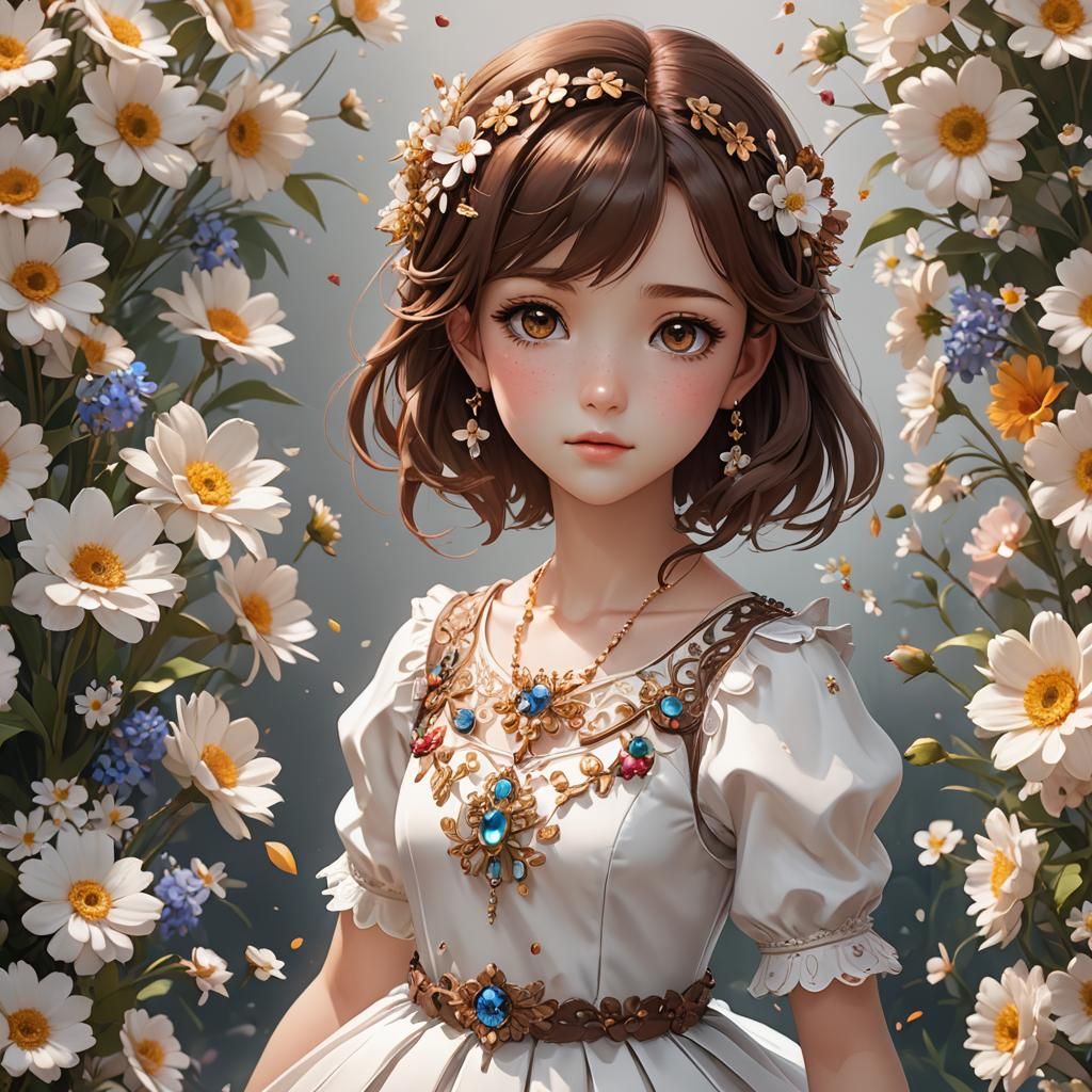 Anime Girl with Flowers and Jewels: 3D Concept Art