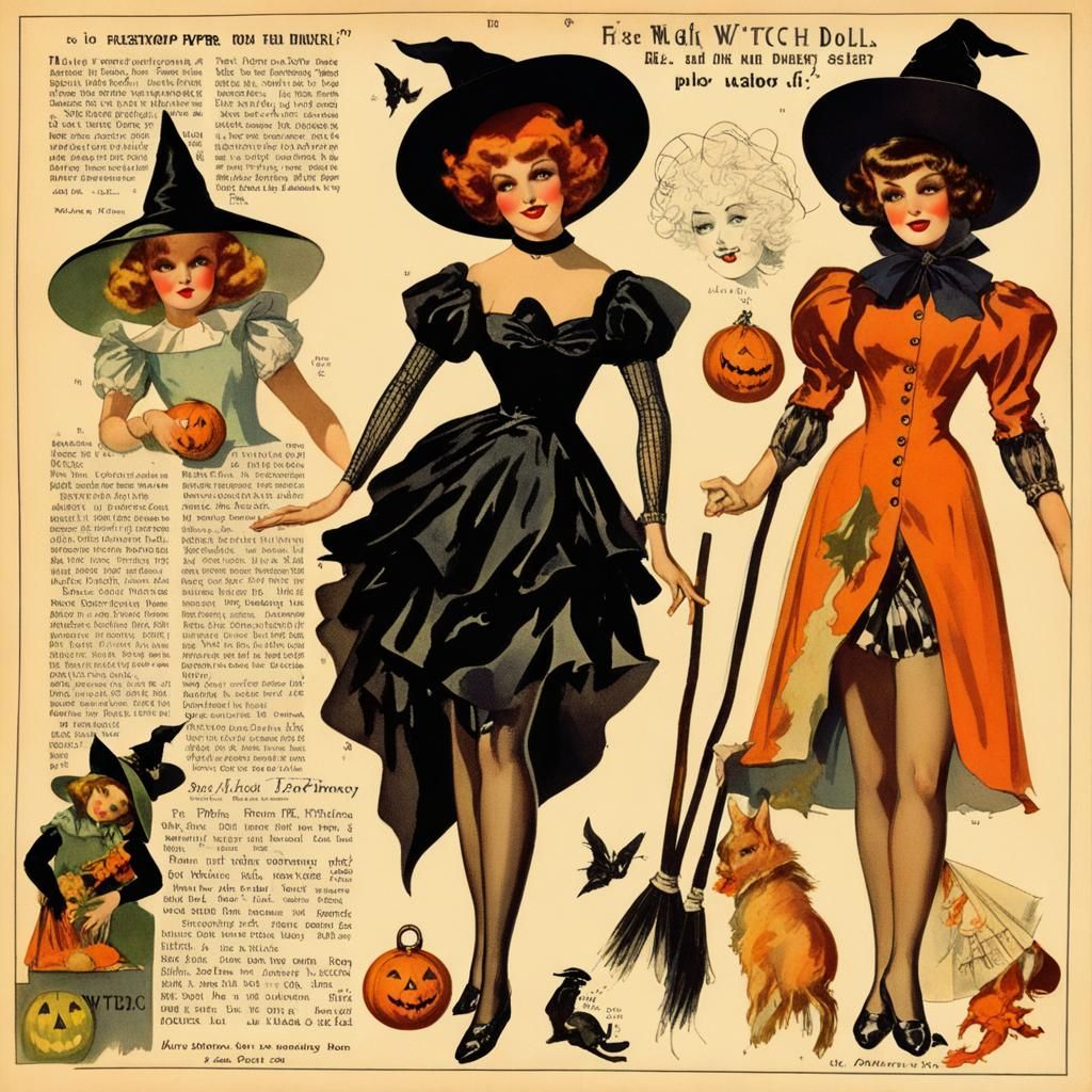Charming Witch Paper Dolls in Art Deco Style