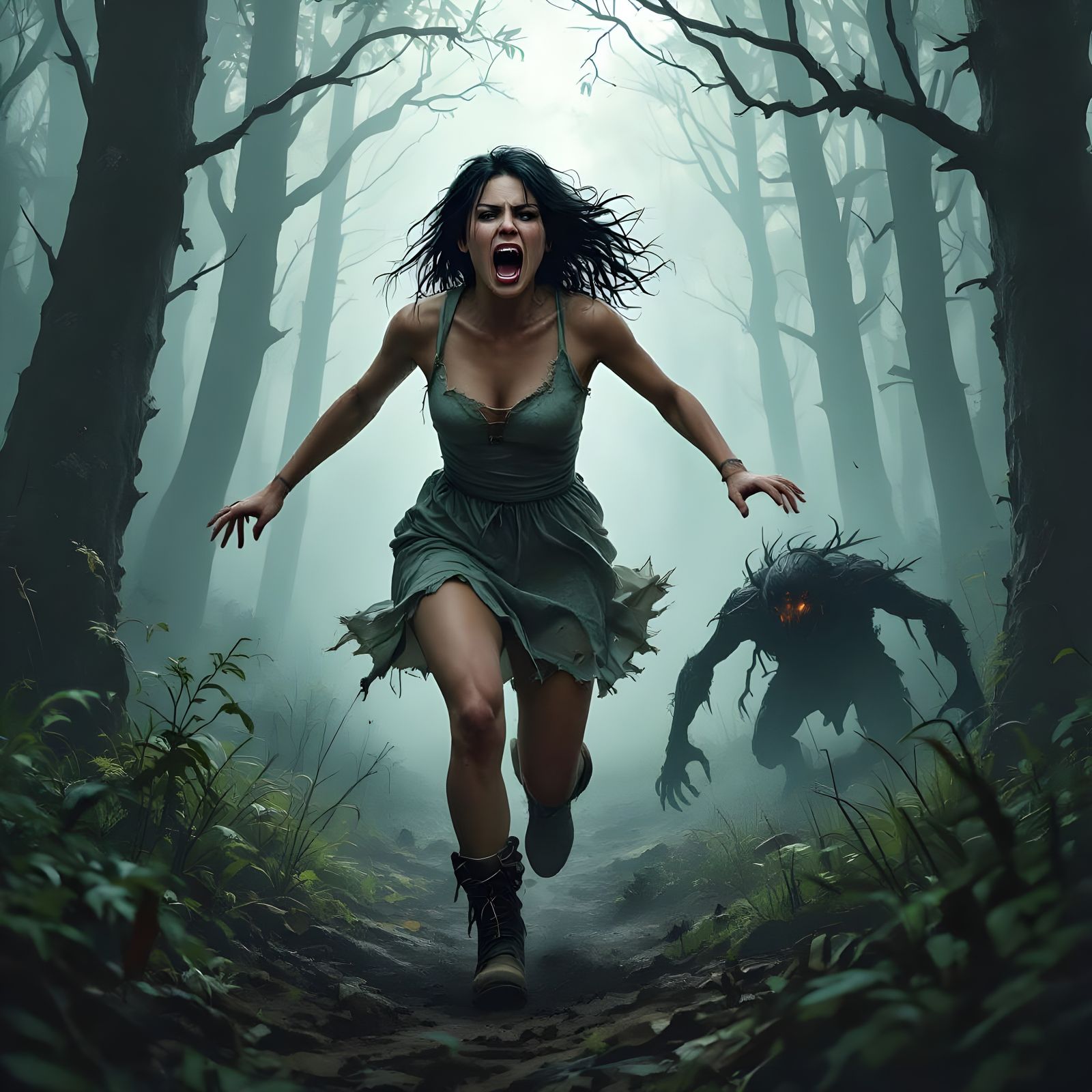 Terrified Woman Fleeing a Creature in Woods