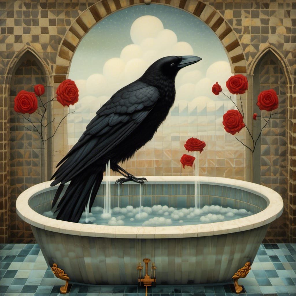 Potato and Crow Bathing in Cemetery, Surreal Illustration