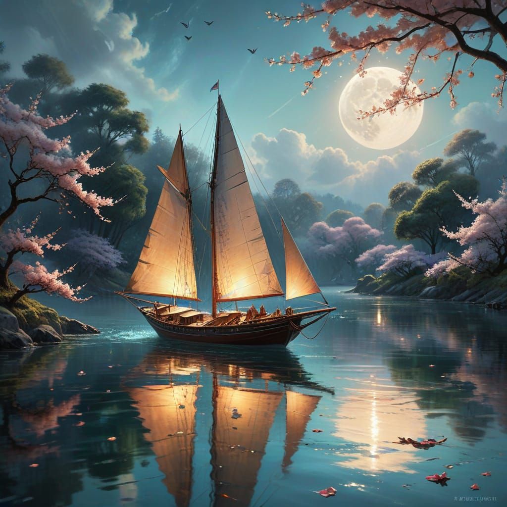 Enchanted Sailboat on Moonlit Lake: Sfumato Style