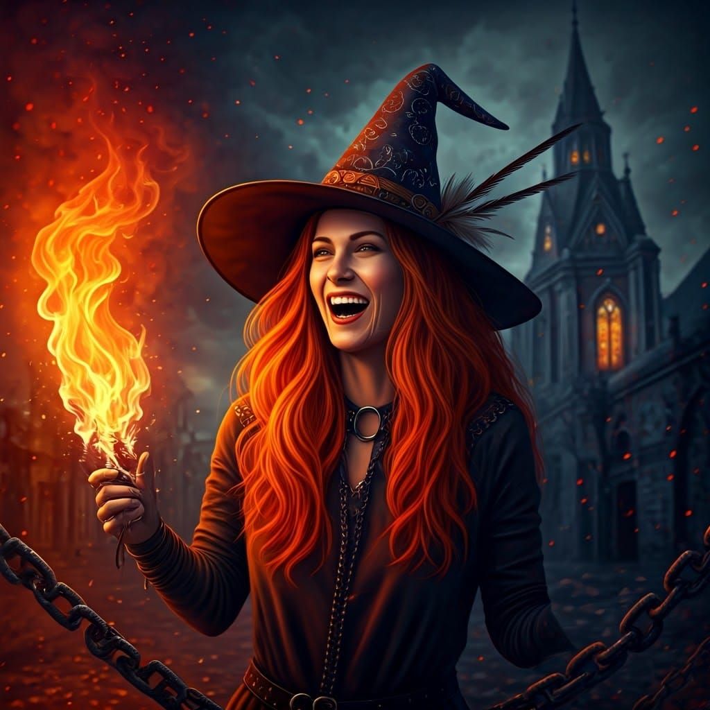 Victorious Witch Escapes Chains in Fiery Scene