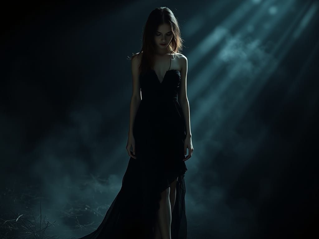 Haunting Woman in Shadows: Dark Romantic Digital Art