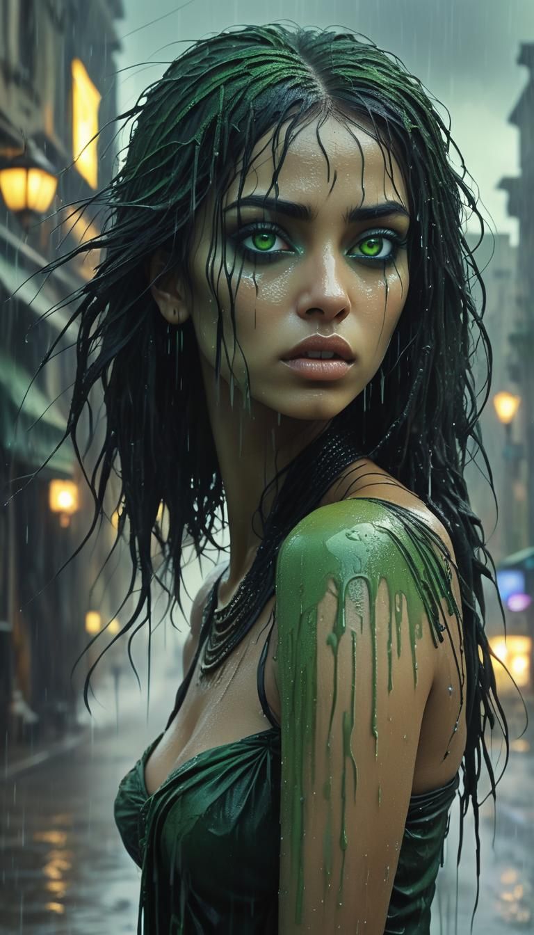 Cute Gothic Egyptian girl, wind storm,  moon, heavy rain, Ci...