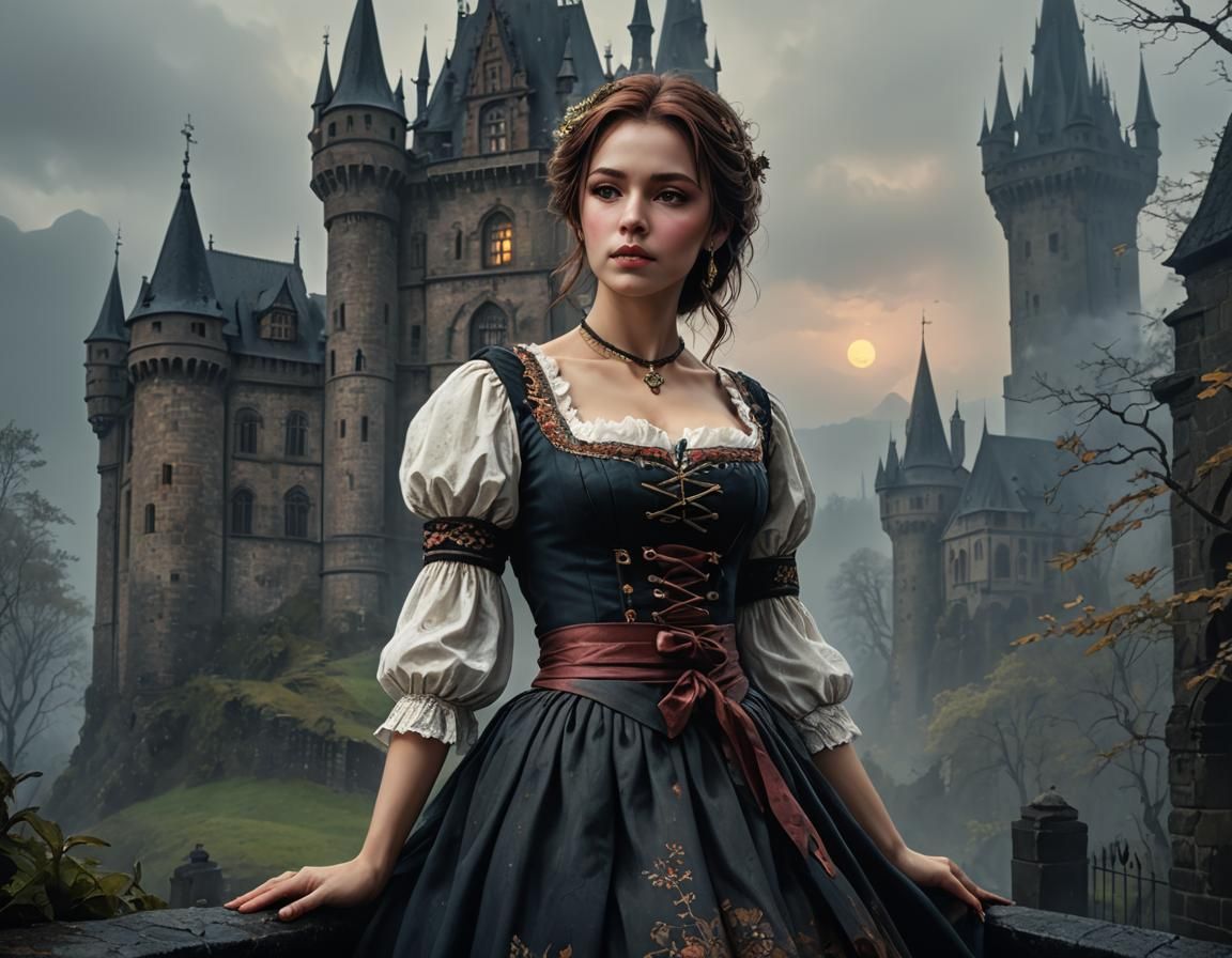 Gothic Dirndl: Morticia in Mystical Scene