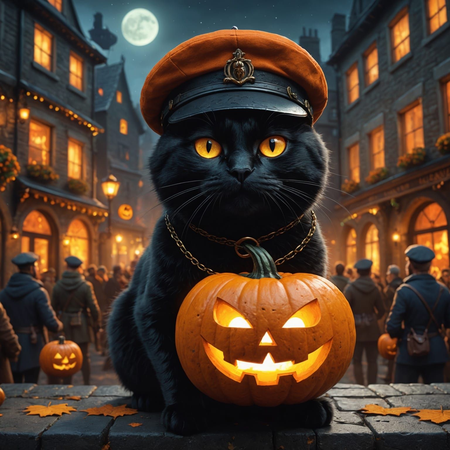 Festive Jack-o'-Lantern with Cat, Fantasy Concept Art