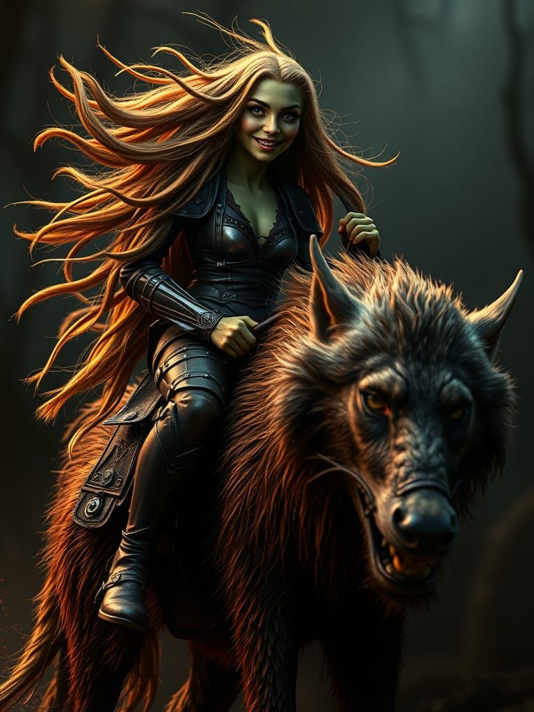 Hobgoblin Rides a Direwolf in Dramatic Lighting