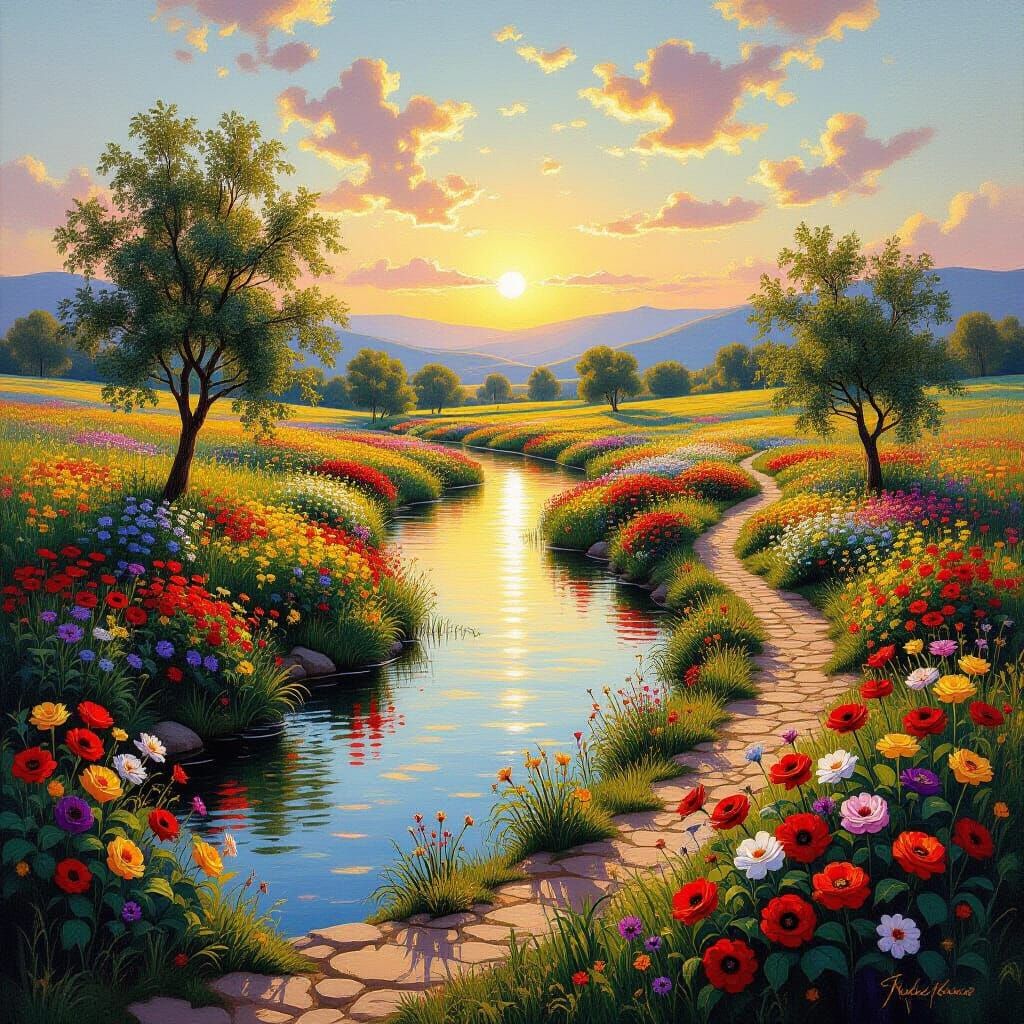 Serene River Landscape with Colourful Flowers and Fruit Tree...