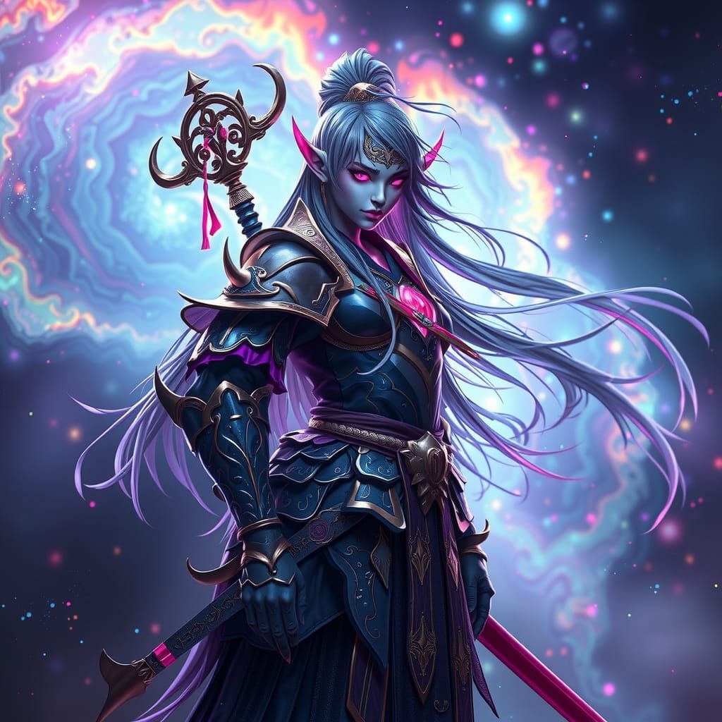 Surreal Drow Elf Samurai in Cosmic Nebula Art