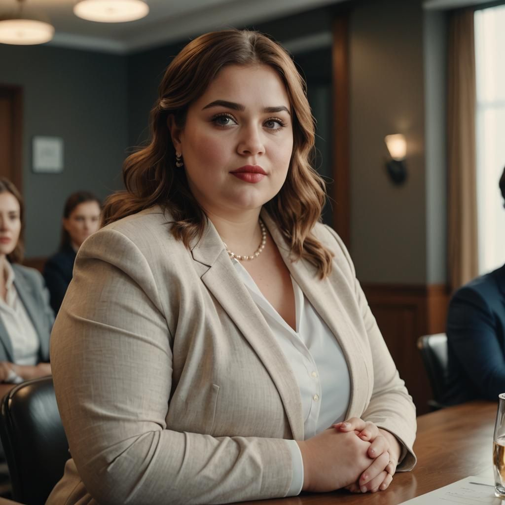 Confident Plus-Size Woman Leads Boardroom: Cinematic 8k