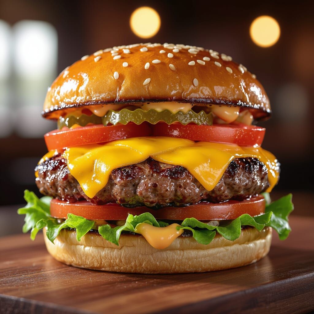 Ultra-Photorealistic Grilled Beef Burger with Melting Chedda...
