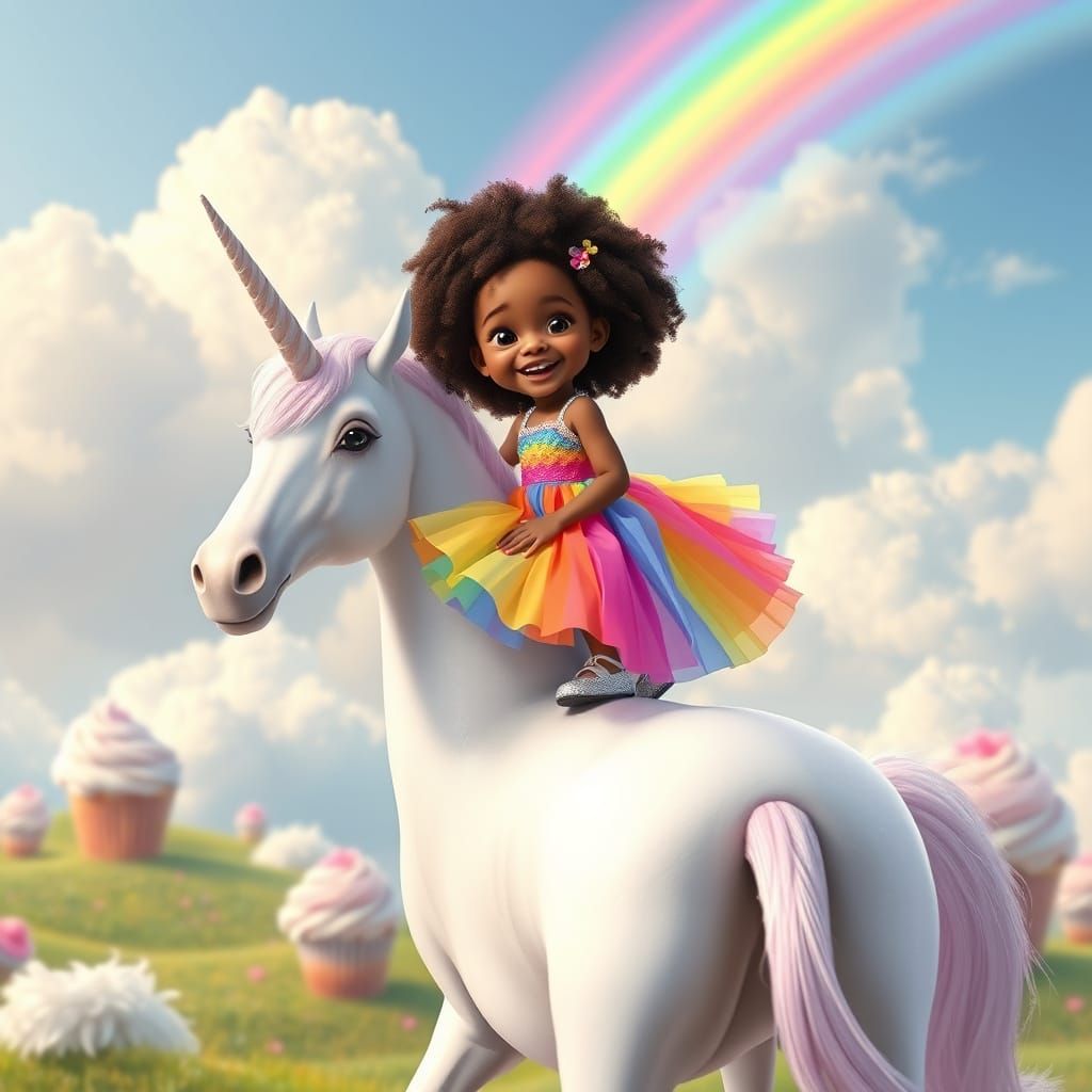 Little Girl Rides Majestic Unicorn in Whimsical Landscape