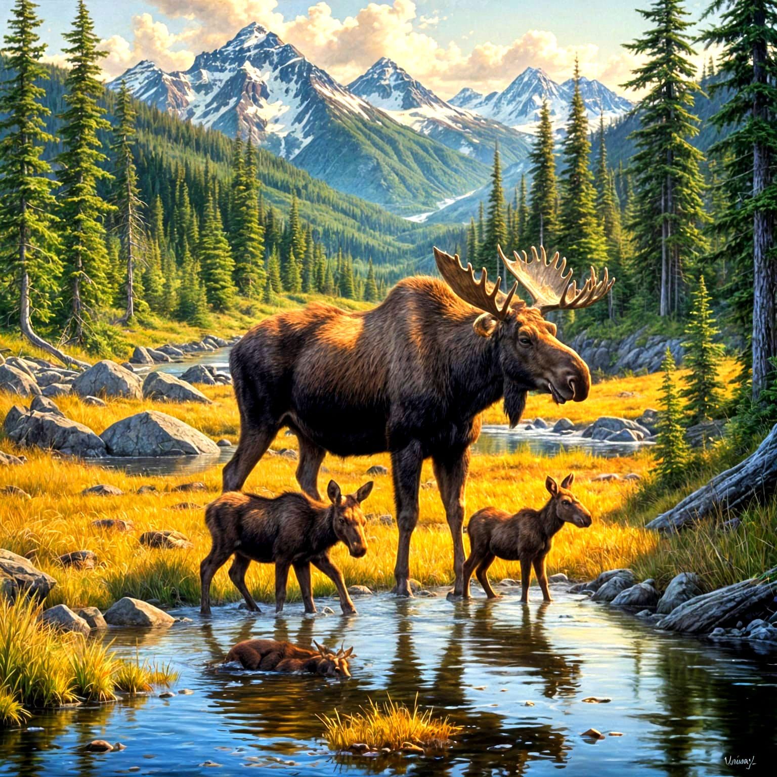 Moose Family in Alaskan Wilderness Oil Painting