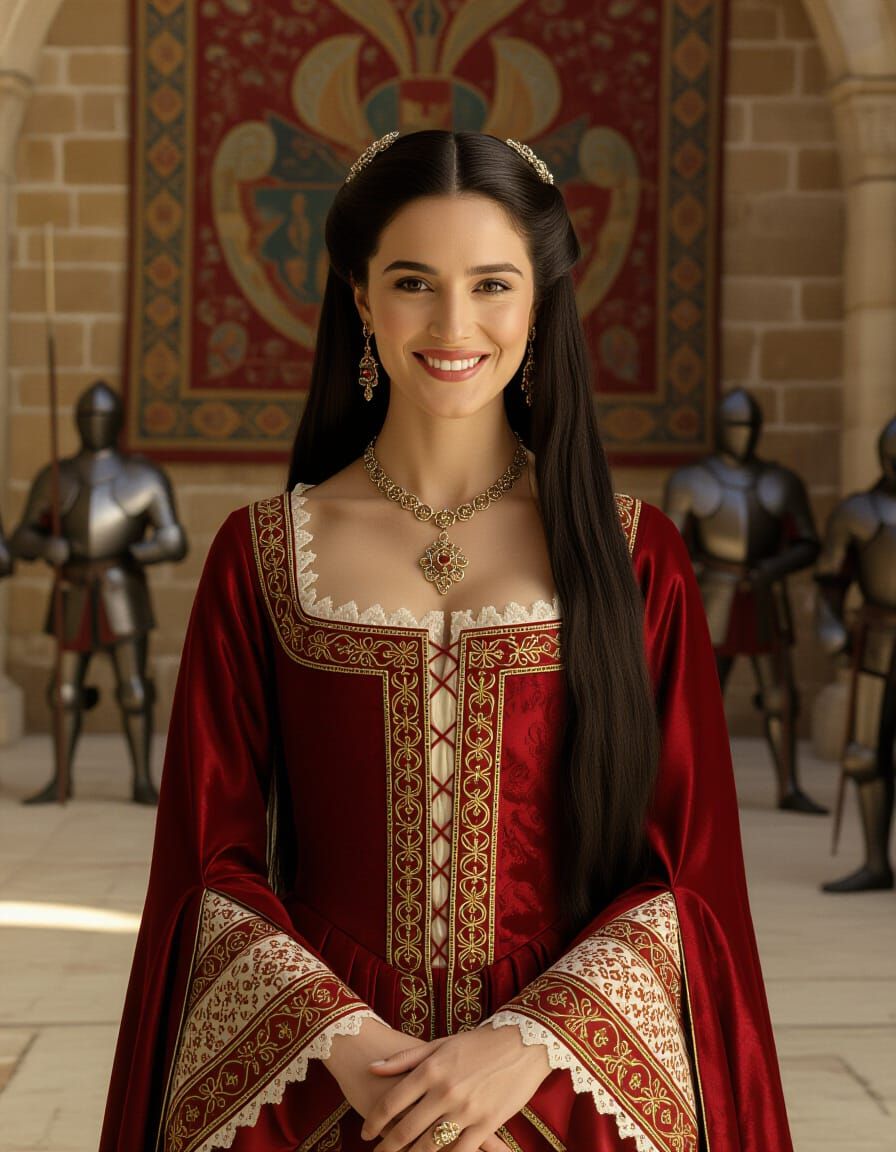 Medieval Spanish Woman in Red Silk Dress