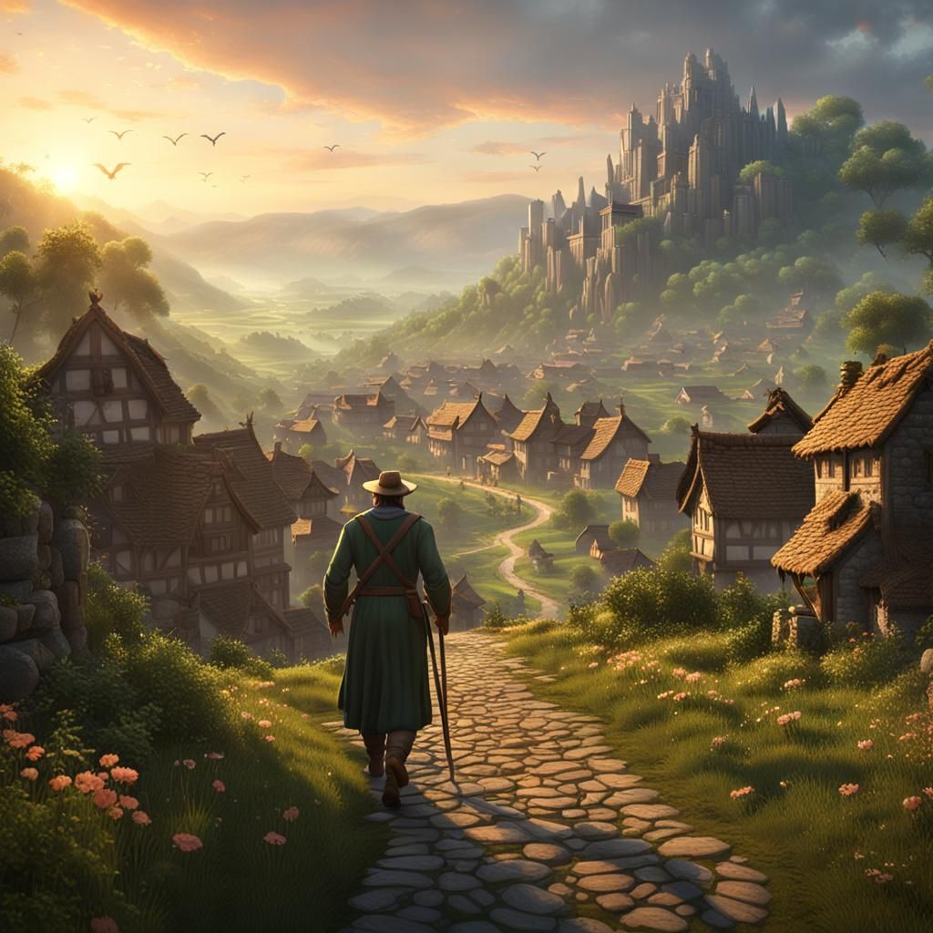 Fantasy Medieval Village at Sunrise, Dark Fantasy Art
