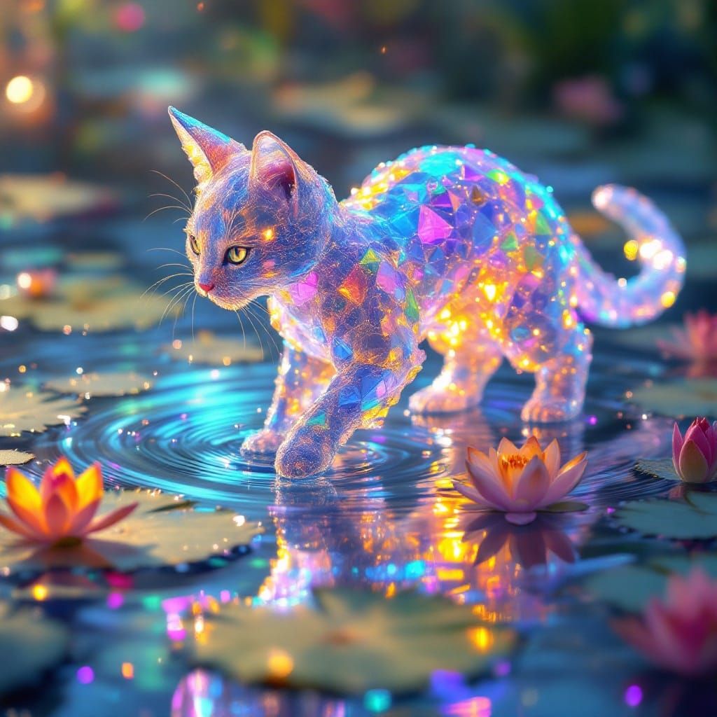 Whimsical Water Cat Walks Across Rainbow Pond