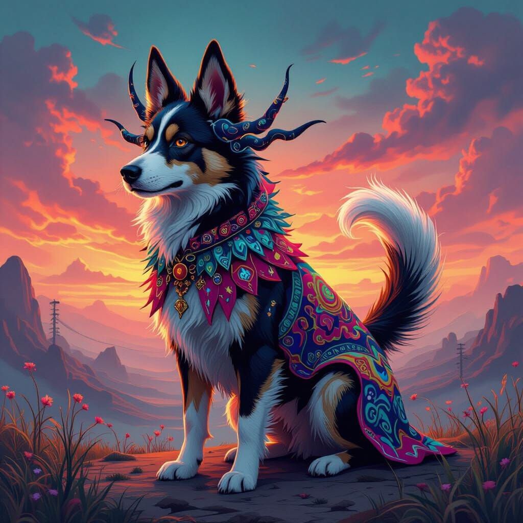 Mythical Nine-Headed Dog in Surreal Dreamscape