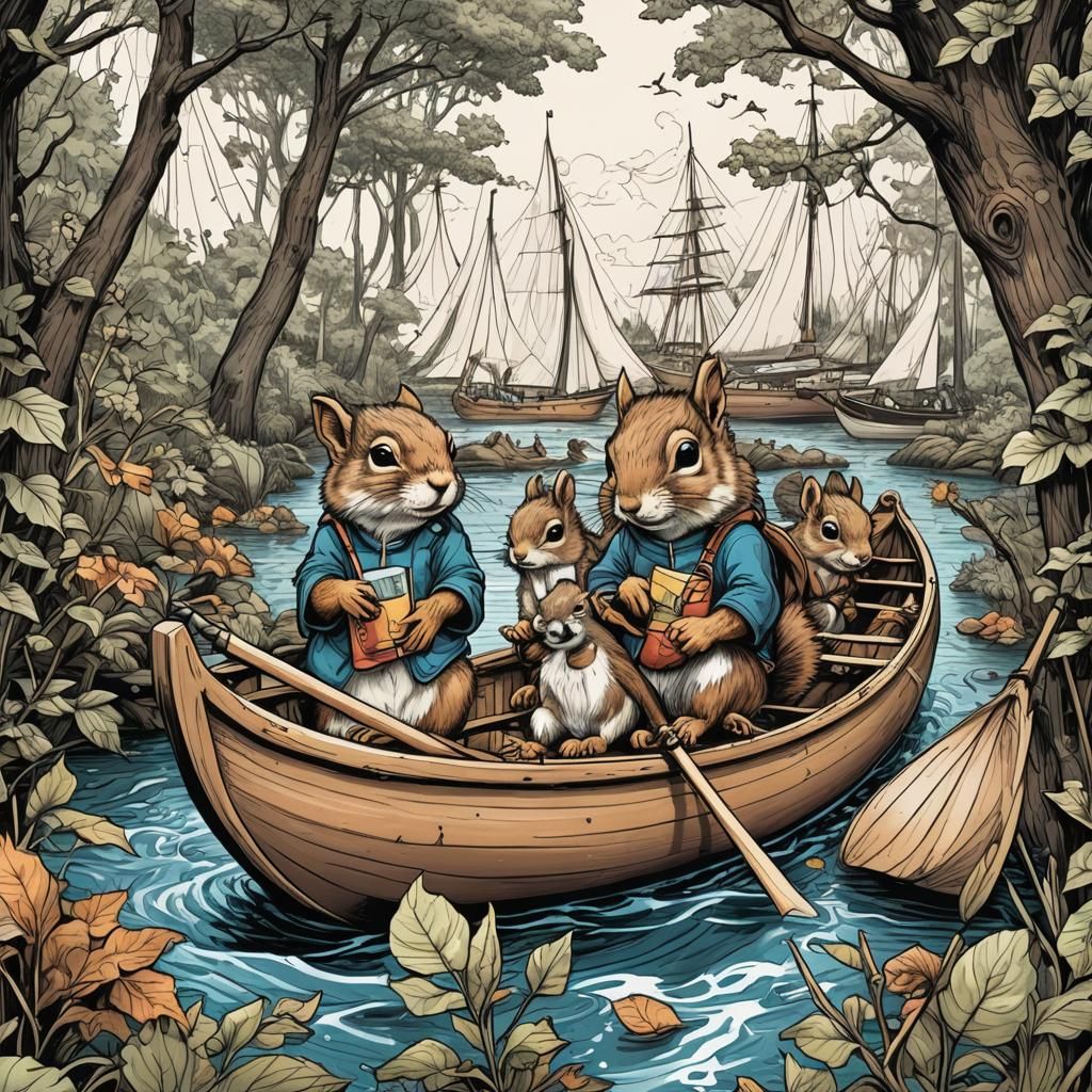 Squirrels in Canoe Sailboat Comic Book Art