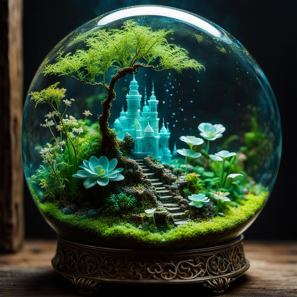 Bioluminescent Crystal Terrarium with Miniature World