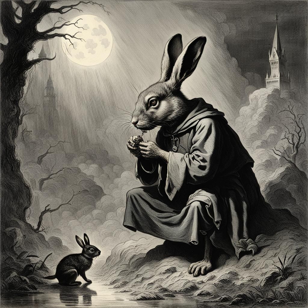 Menacing Rabbit's Gruesome Feast: Horror Illustration