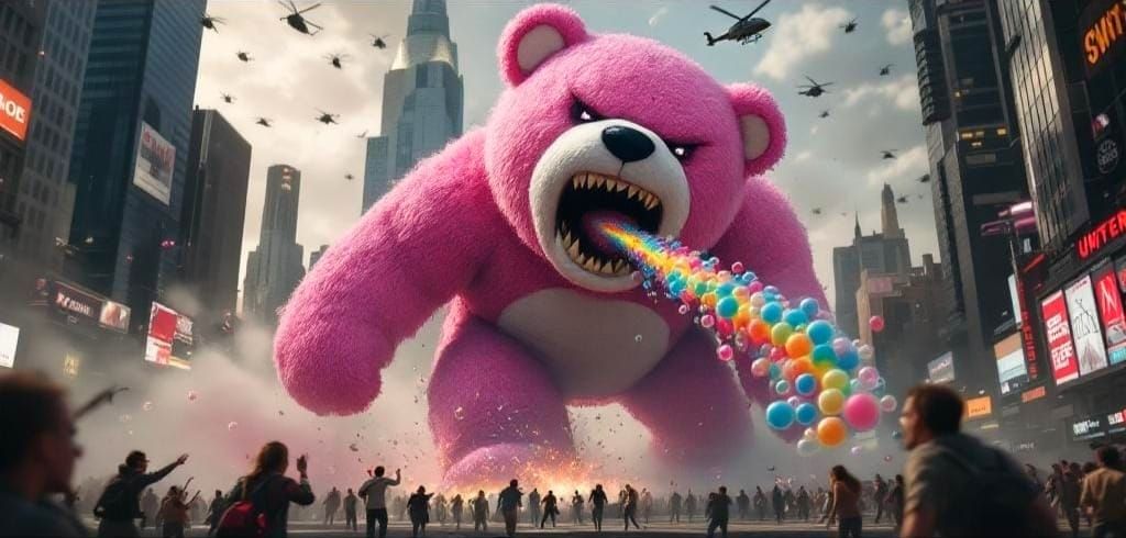 Giant Teddy Bear Vomits Rainbows on City
