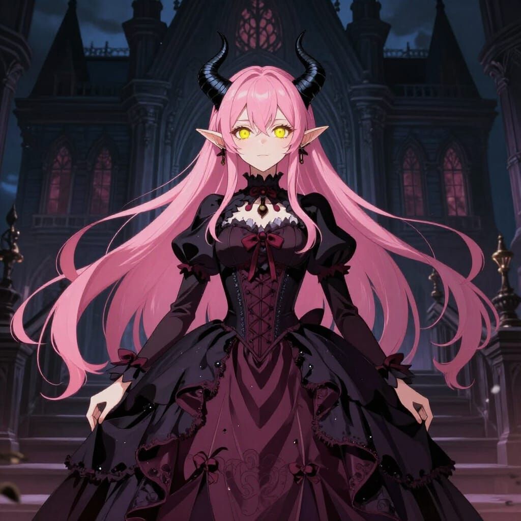 Mischievous Pink-Haired Demon in Victorian Gothic Attire