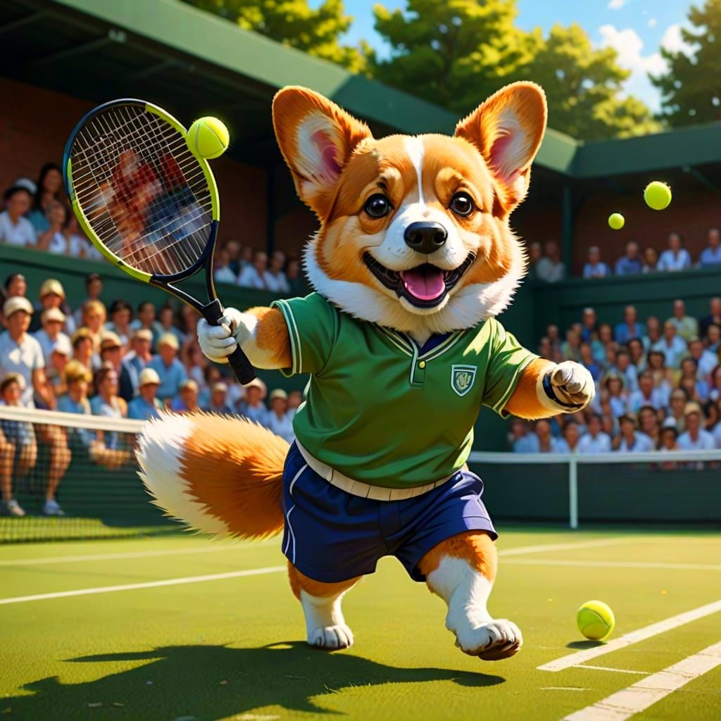 Corgi Plays Tennis at Wimbledon: Storybook Illustration