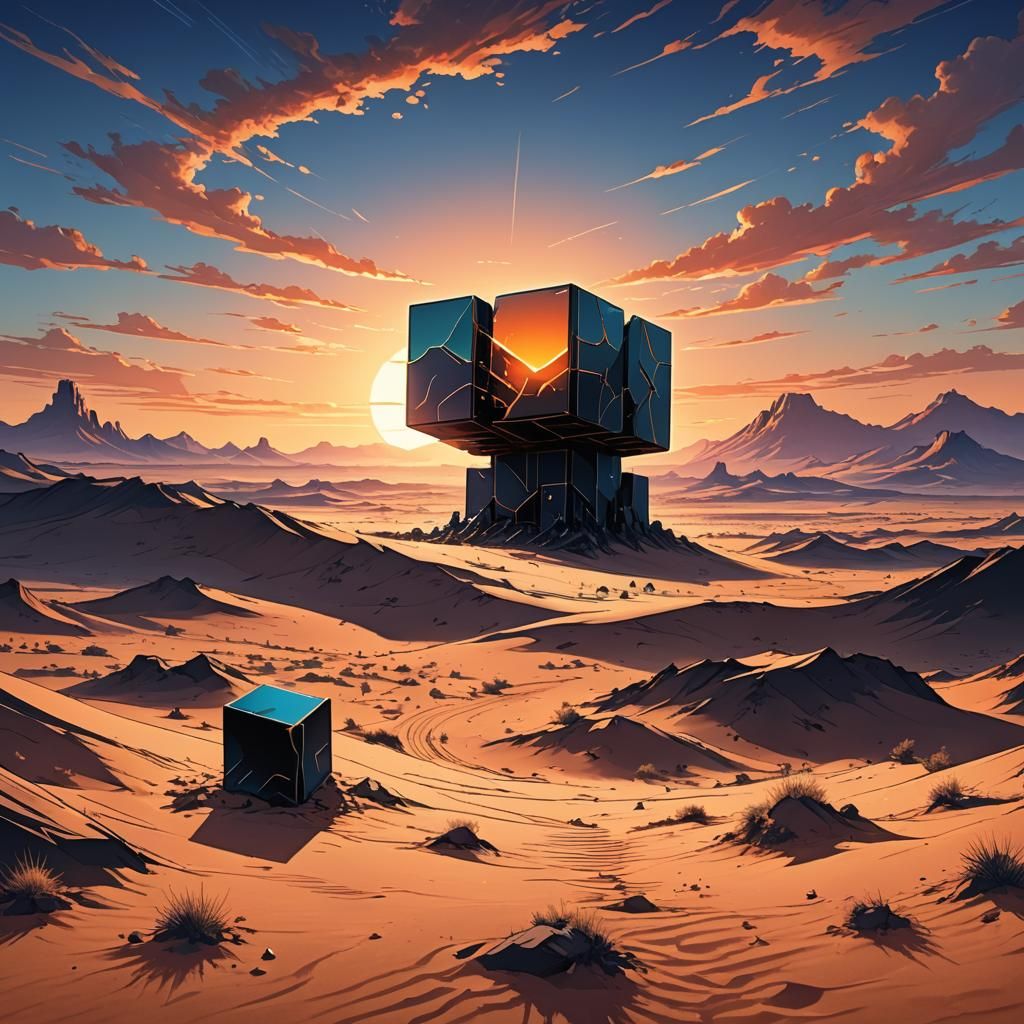 Black Cube in Desert: Anime Style Illustration